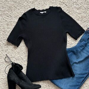 Elegant Black Ribbed Short Sleeve Top